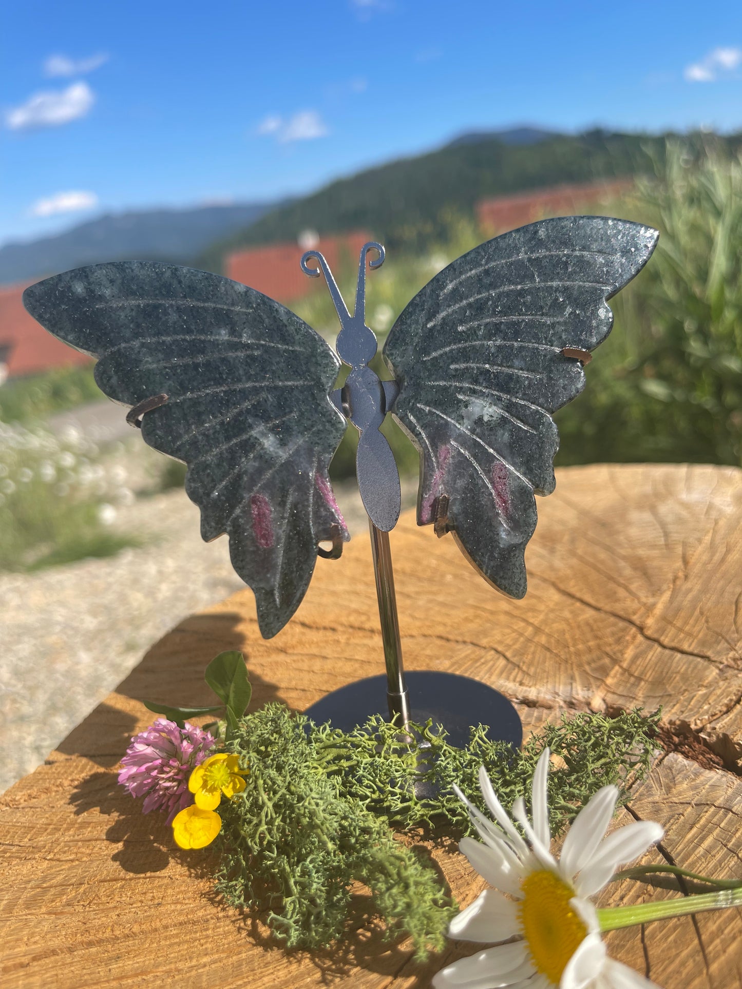 RUBIN ZOISIT SCHMETTERLING| Anyolith für Herzöffnung & Lebensfreude | Kraftvoller Stein für Transformation & spirituelles Wachstum| ca. 12 cm Höhe inkl. Ständer 135 g