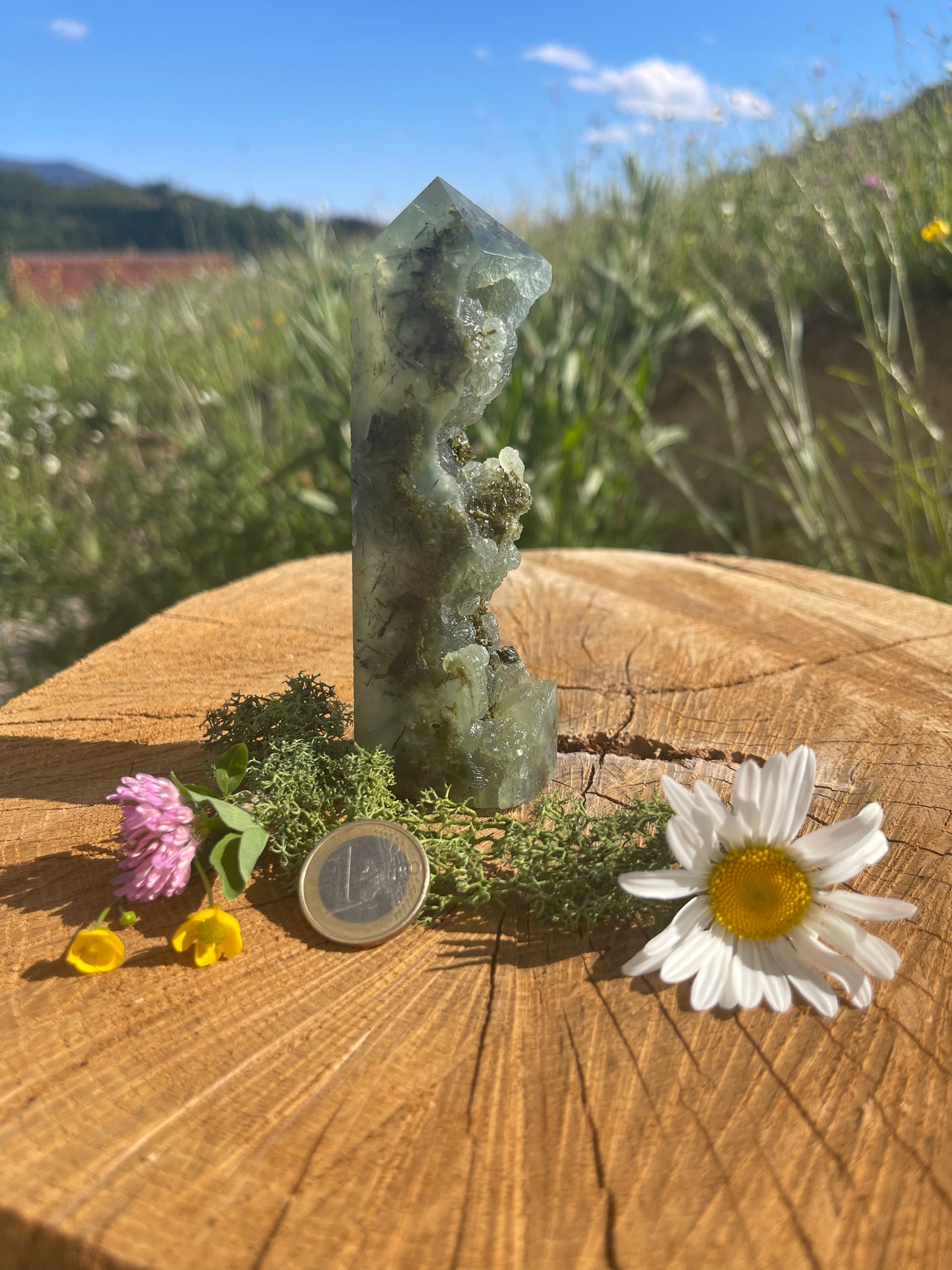PREHNIT TURM HALB ROHKRISTALL | Spiritueller Edelstein für inneren Frieden & bedingungslose Liebe. ca. 12,5 cm, 220 g
