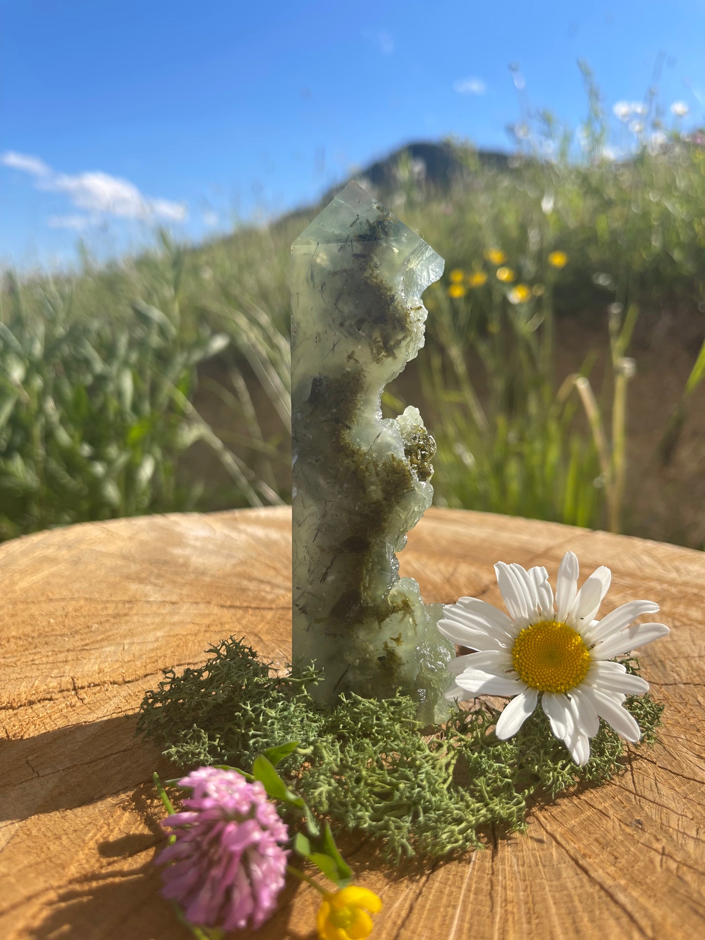 PREHNIT TURM HALB ROHKRISTALL | Spiritueller Edelstein für inneren Frieden & bedingungslose Liebe. ca. 12,5 cm, 220 g