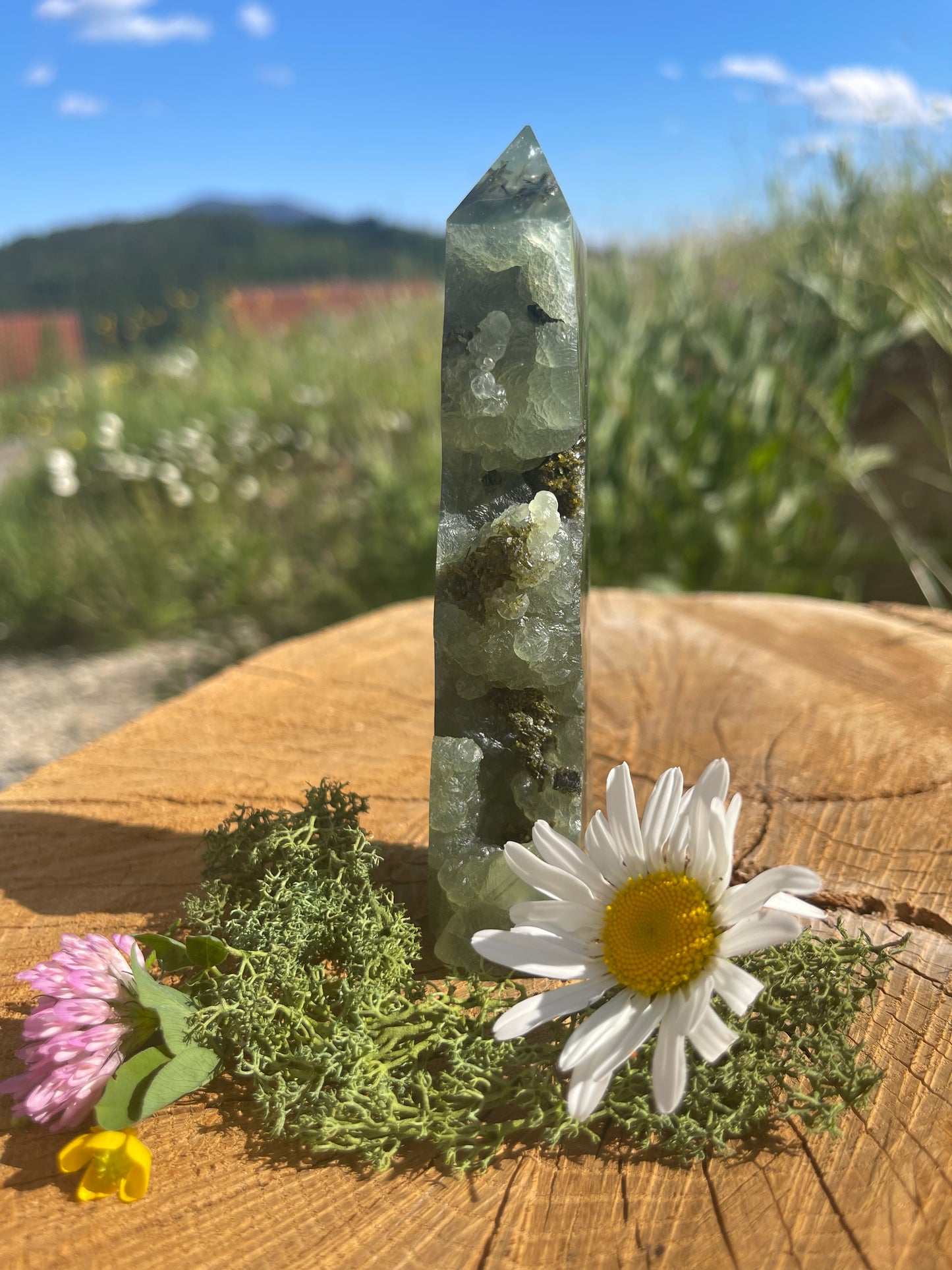PREHNIT TURM HALB ROHKRISTALL | Spiritueller Edelstein für inneren Frieden & bedingungslose Liebe. ca. 12,5 cm, 220 g