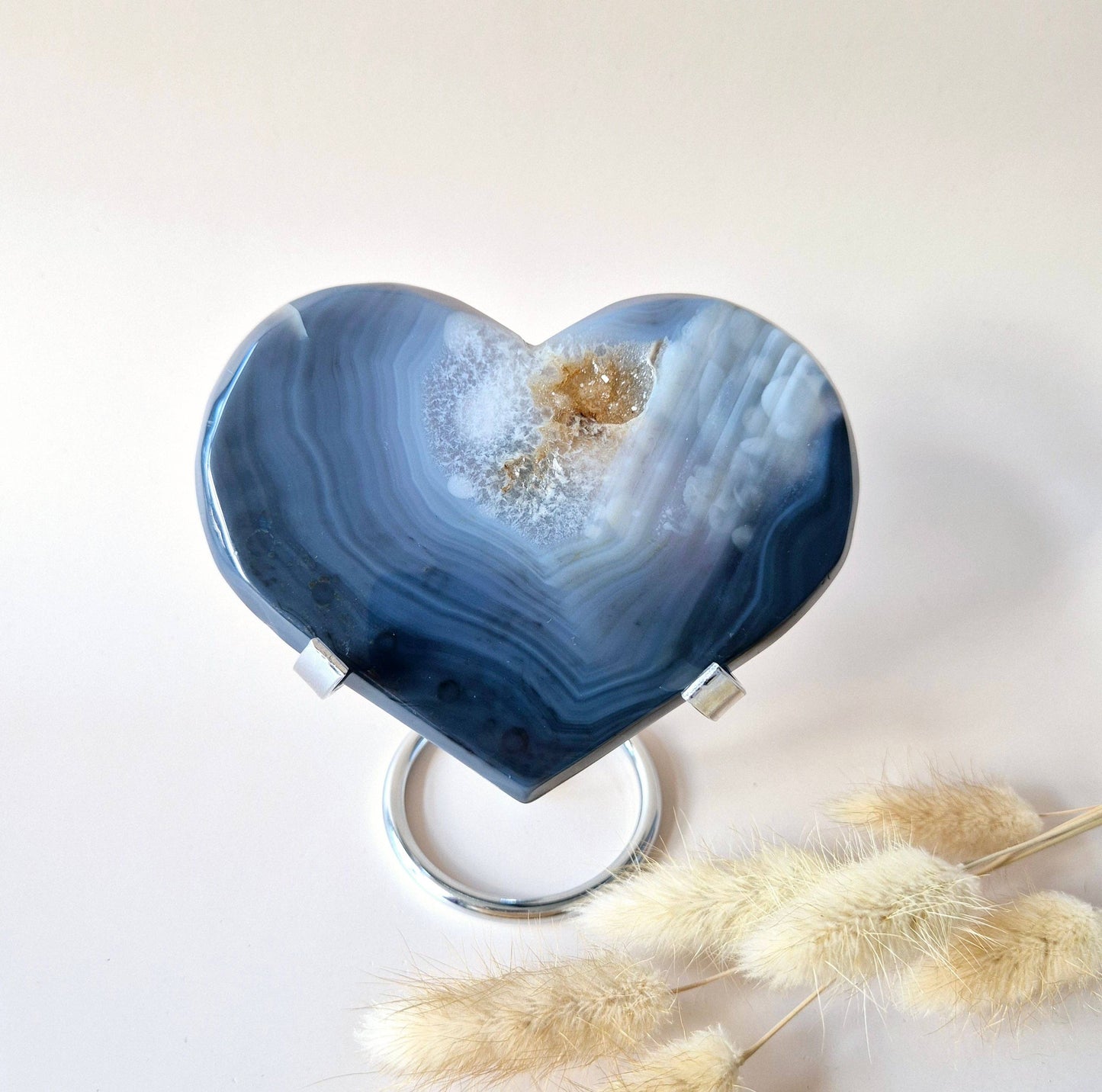 XL GRAUES DRUSEN ACHAT HERZ – IINKL. STÄNDER - 225g 12,5cm