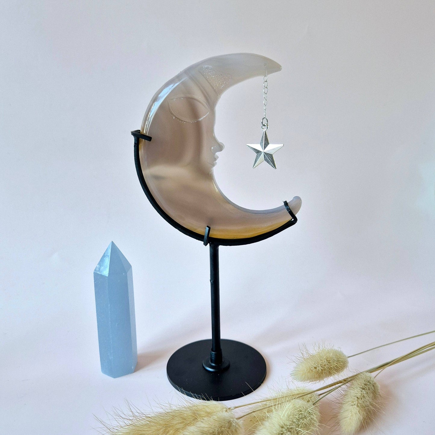 GRAUER ACHAT MOND MIT SILBERFARBENEM STERN – 10 CM