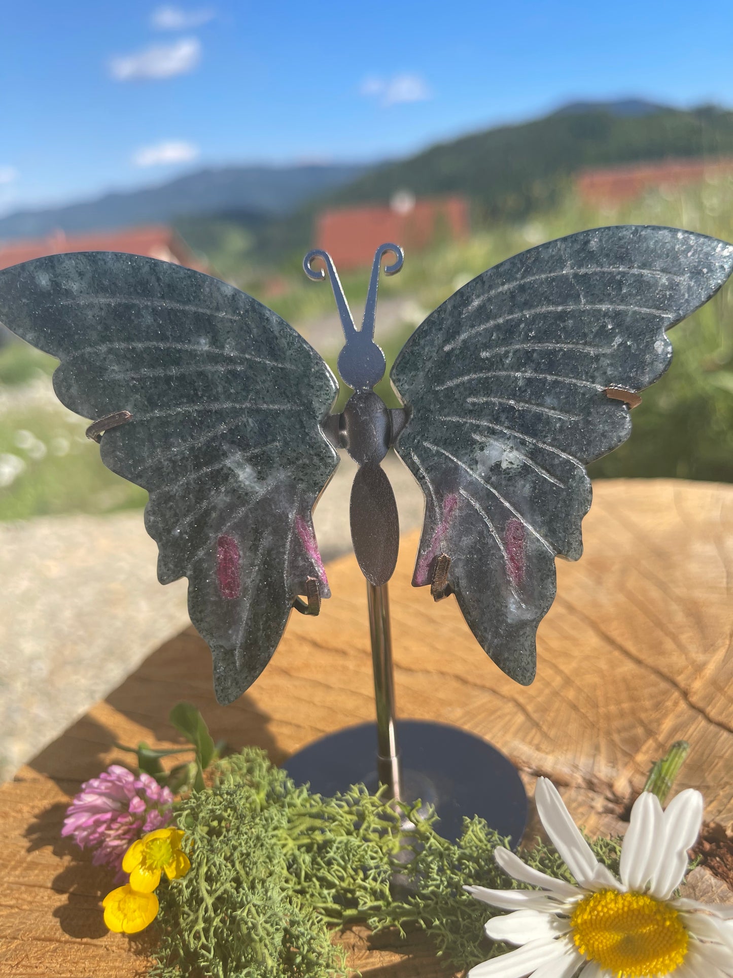RUBIN ZOISIT SCHMETTERLING| Anyolith für Herzöffnung & Lebensfreude | Kraftvoller Stein für Transformation & spirituelles Wachstum| ca. 12 cm Höhe inkl. Ständer 135 g