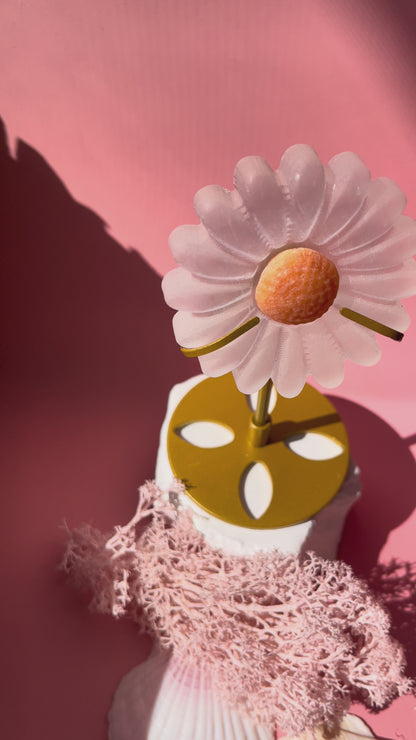 Selenit Gänseblümchen mit Orangencalcit inkl. goldfarbenem Ständer ca. 138 g - Daisy Flower - Mondenergie, Spirituelles Jahrestag Geschenk